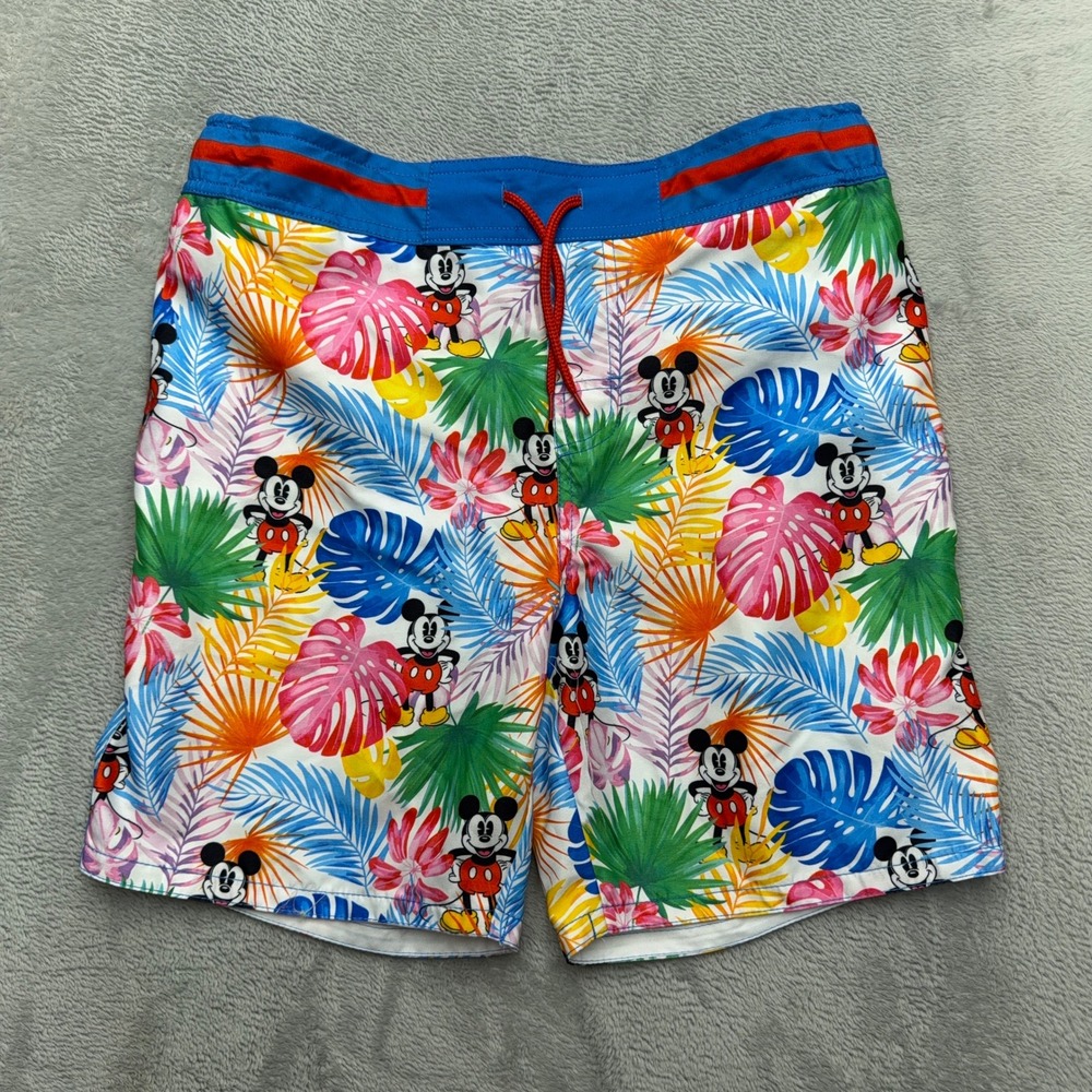 Disney Swim Trunks Mens Medium Blue Mickey Mouse Tropical Palm Leaf Mesh Lined